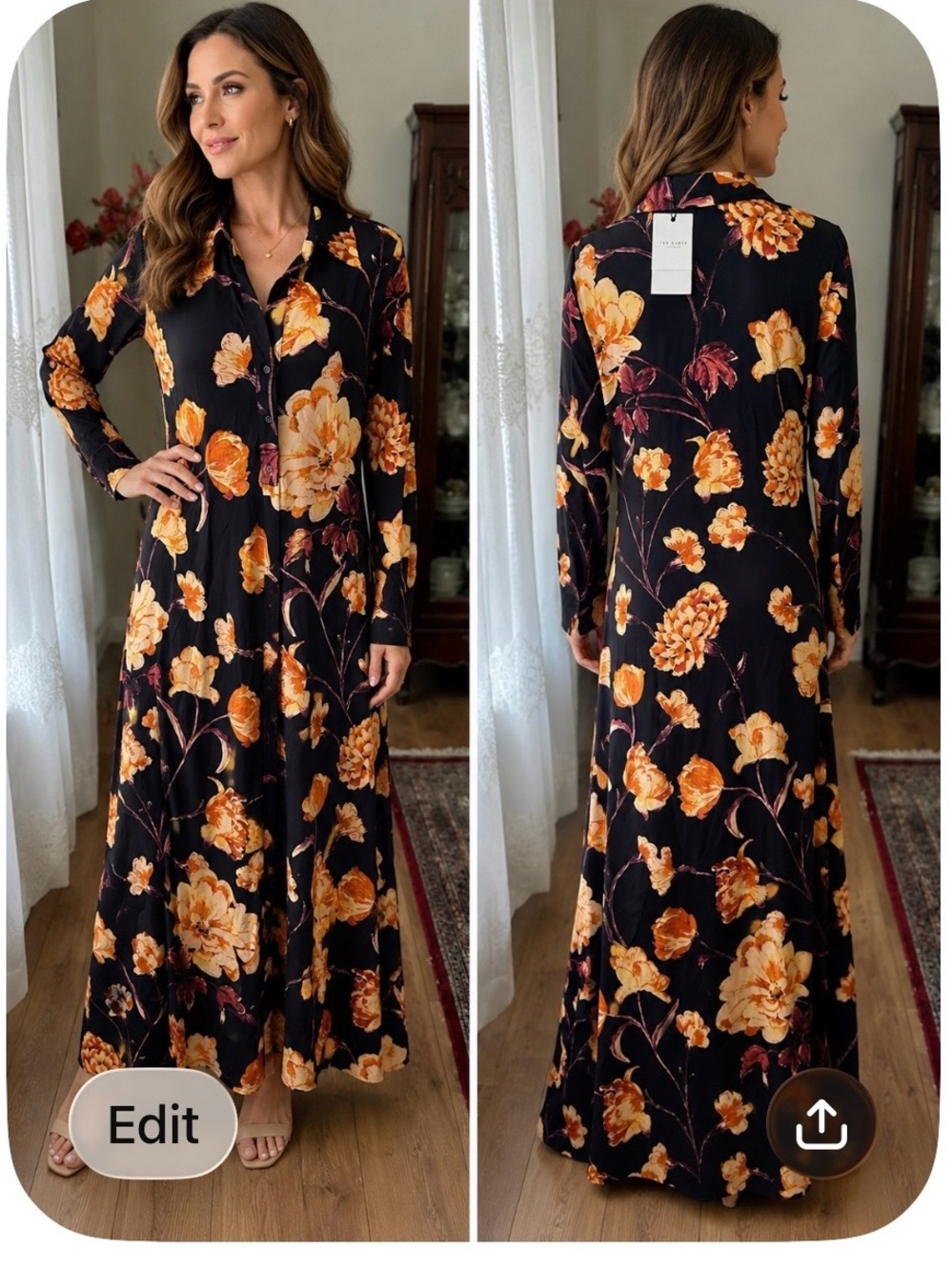 Ted Baker Black Maxi Dress with Orange Floral Print
